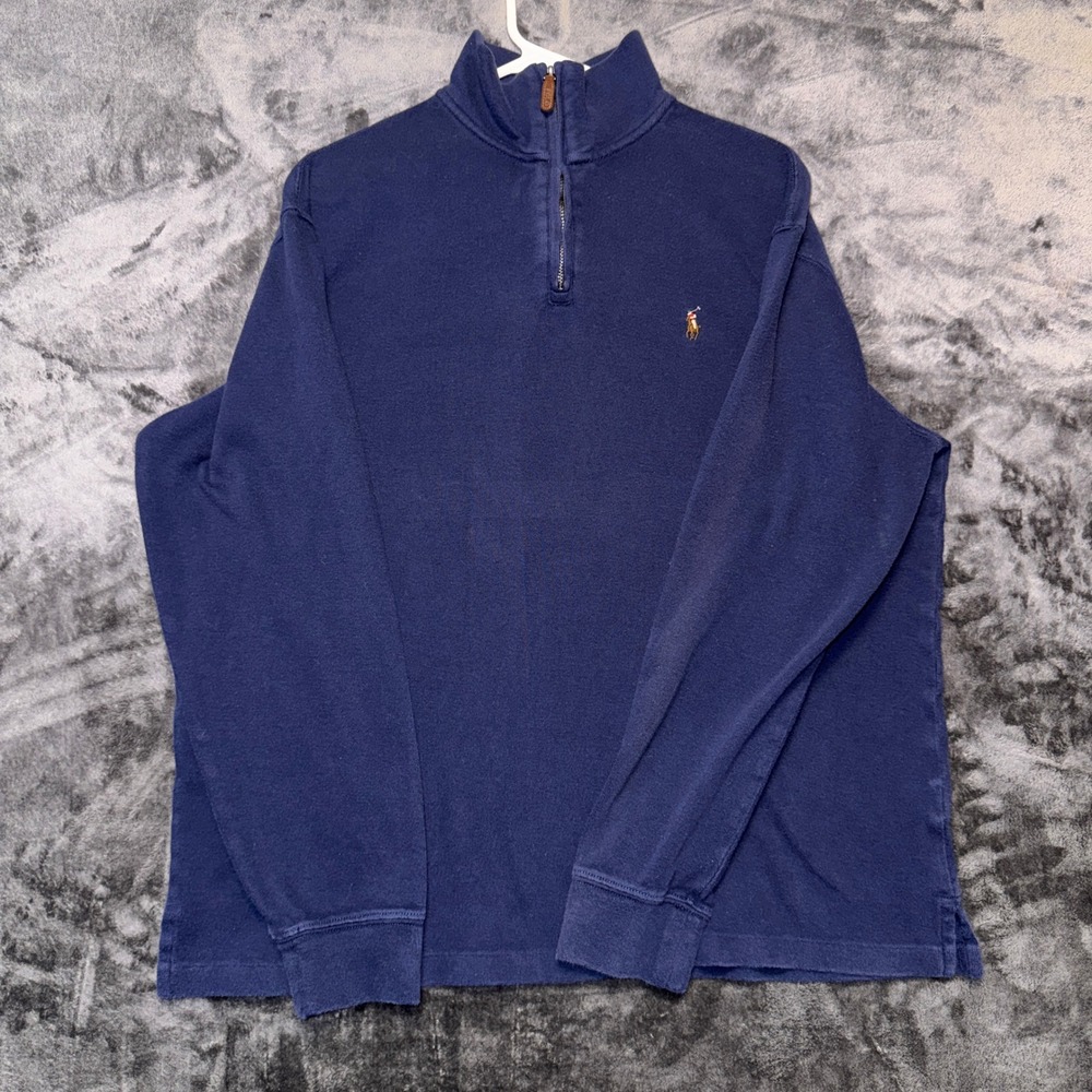Polo Ralph Lauren Mens XL Estate Rib Quarter Zip Pullover Navy Blue Cotton Logo